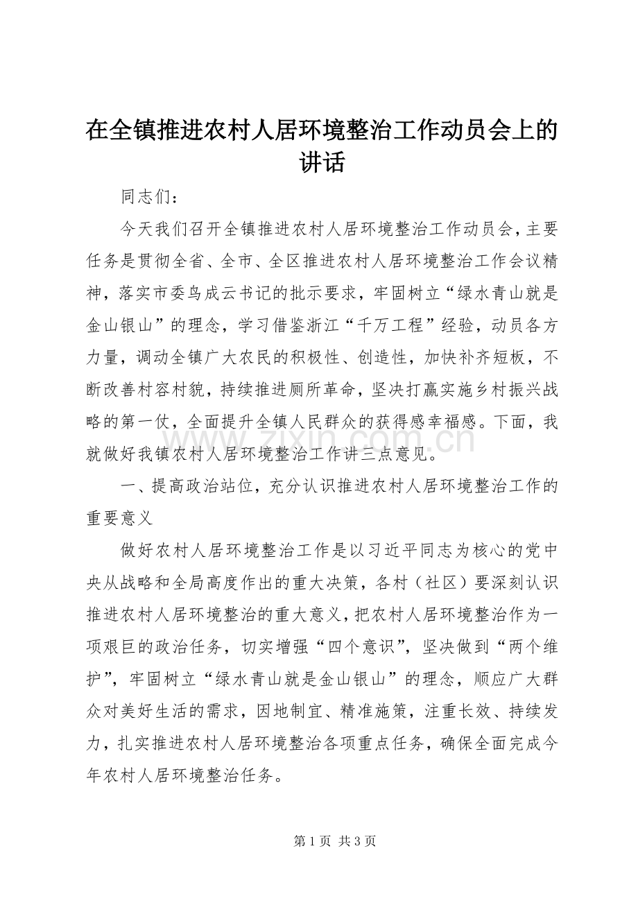 在全镇推进农村人居环境整治工作动员会上的讲话.docx_第1页