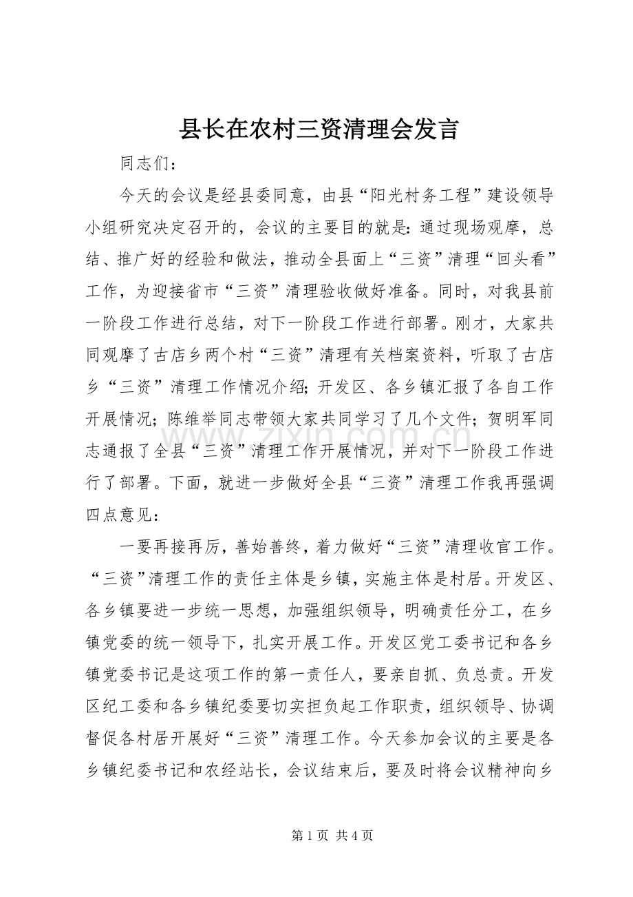 县长在农村三资清理会发言.docx_第1页