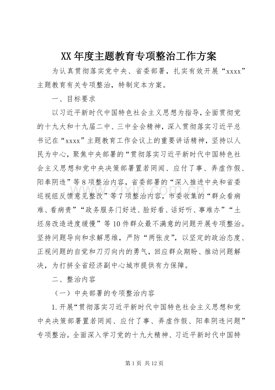 XX年度主题教育专项整治工作实施方案.docx_第1页