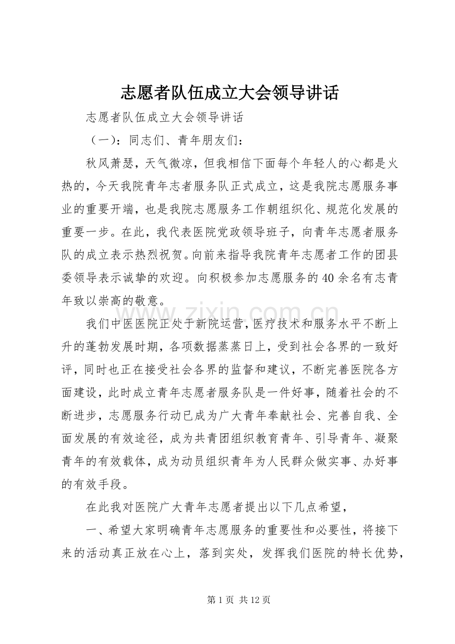 志愿者队伍成立大会领导讲话.docx_第1页