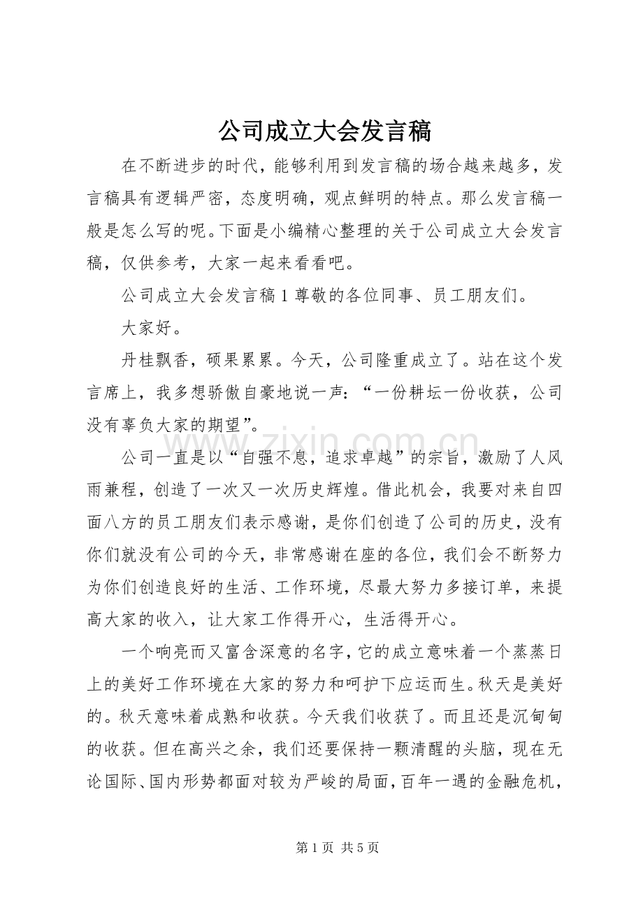 公司成立大会发言稿.docx_第1页