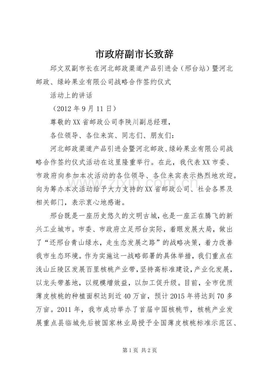 市政府副市长演讲致辞范文.docx_第1页