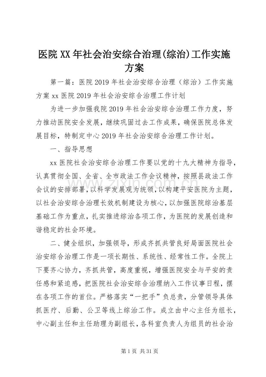 医院XX年社会治安综合治理(综治)工作方案.docx_第1页