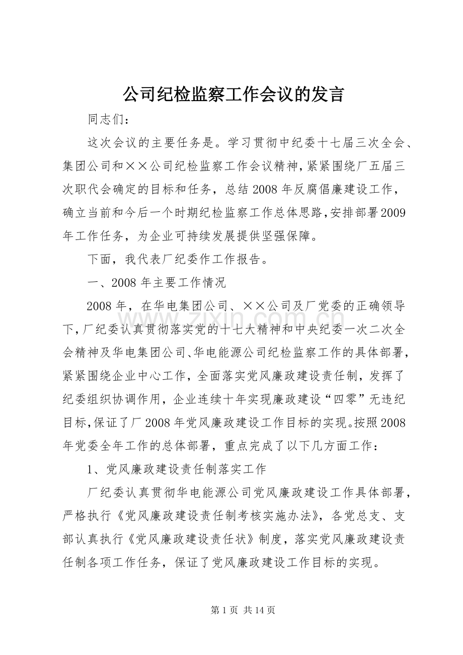 公司纪检监察工作会议的发言稿.docx_第1页