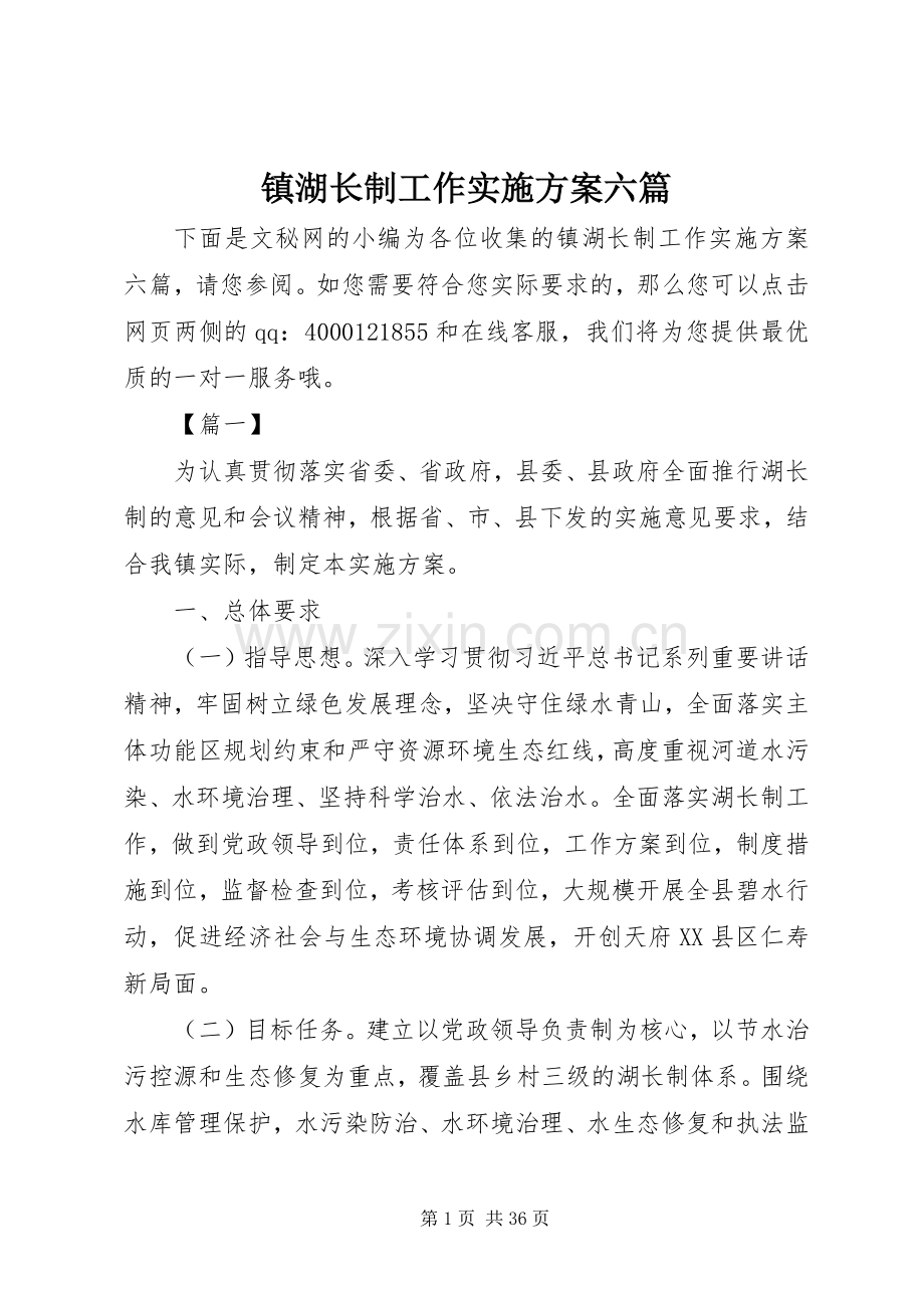 镇湖长制工作方案六篇.docx_第1页