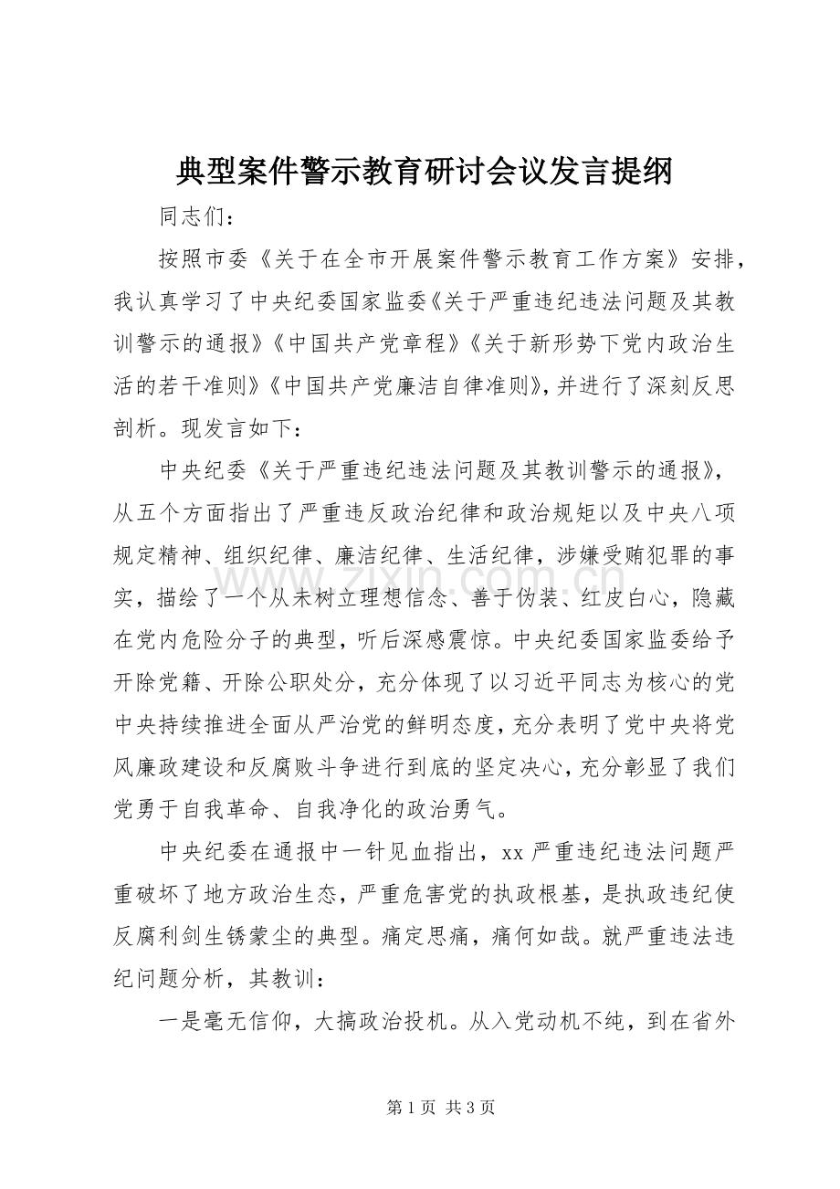 典型案件警示教育研讨会议发言提纲材料.docx_第1页