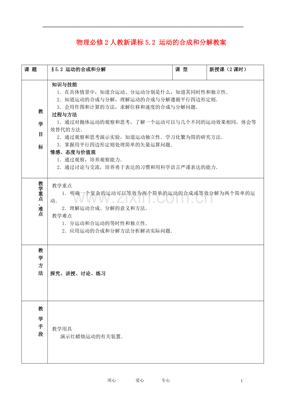 高中物理-5.2-运动的合成和分解教案-新人教版必修2.doc_第1页