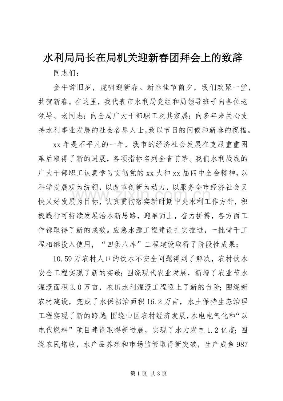 水利局局长在局机关迎新春团拜会上的致辞.docx_第1页