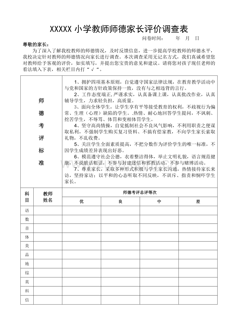 小学教师师德家长评价调查表.doc_第1页