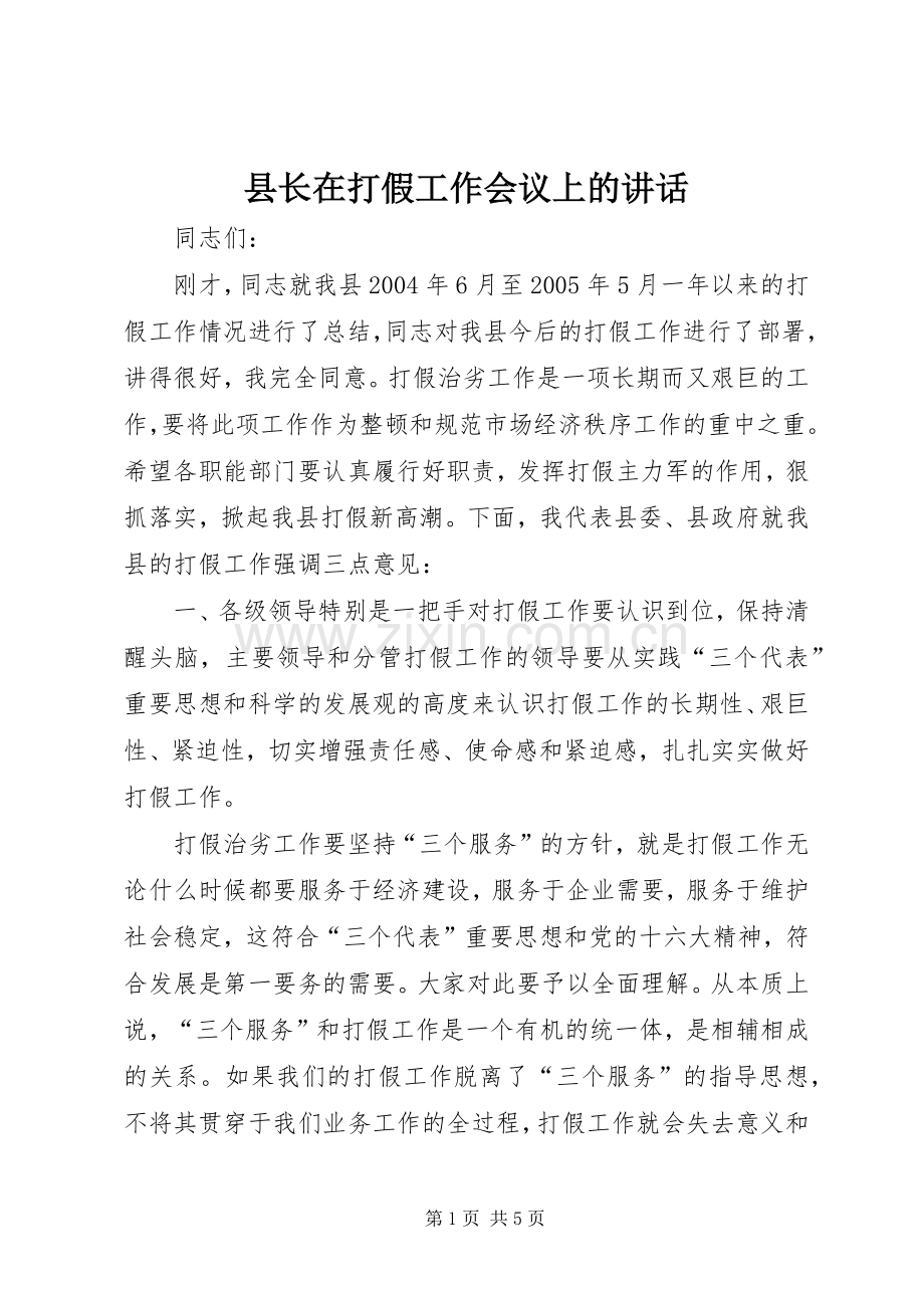 县长在打假工作会议上的讲话.docx_第1页