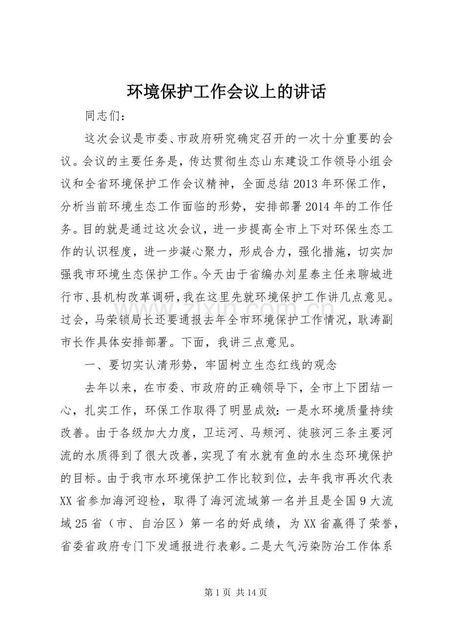 环境保护工作会议上的讲话.docx_第1页