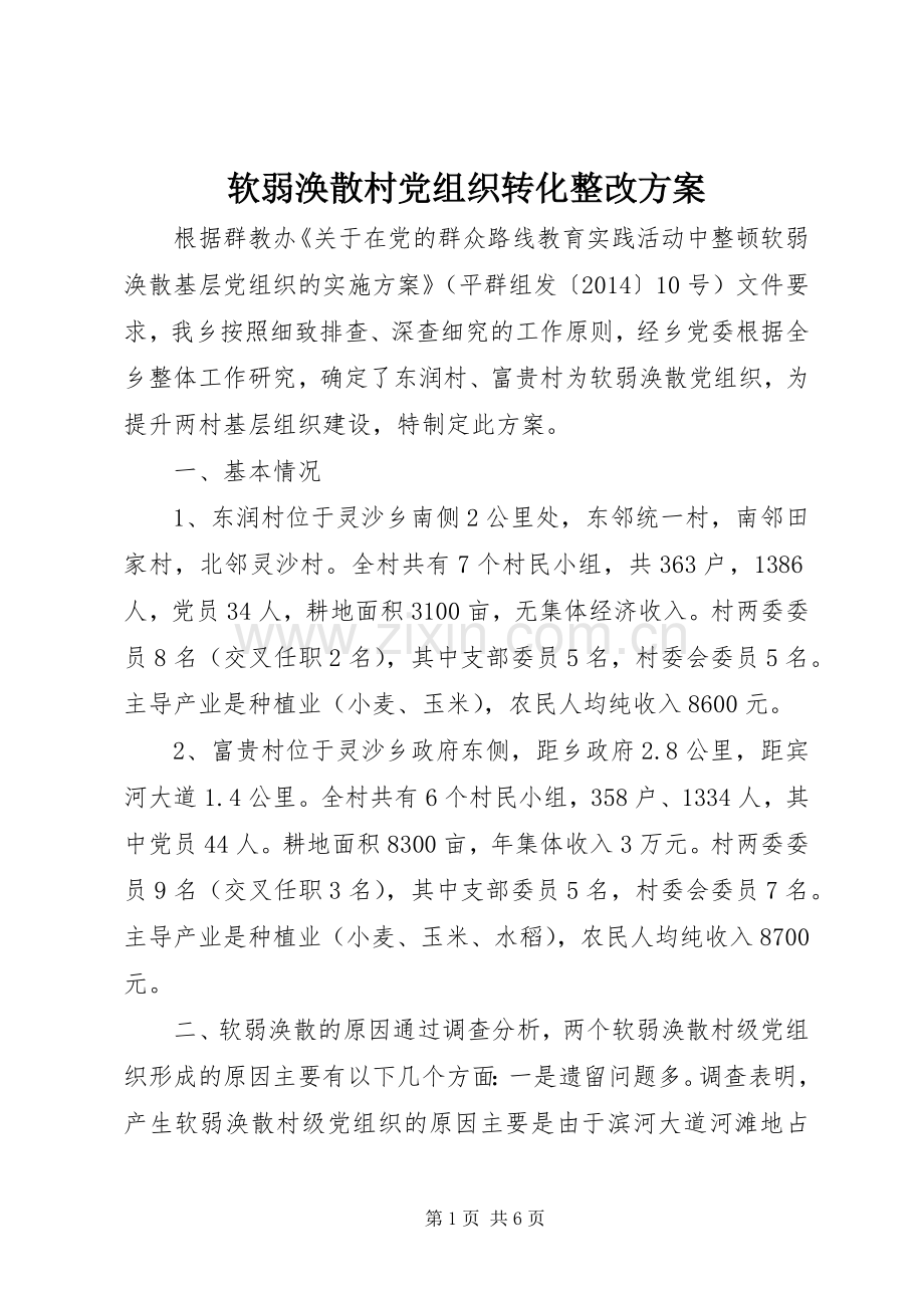 软弱涣散村党组织转化整改实施方案.docx_第1页