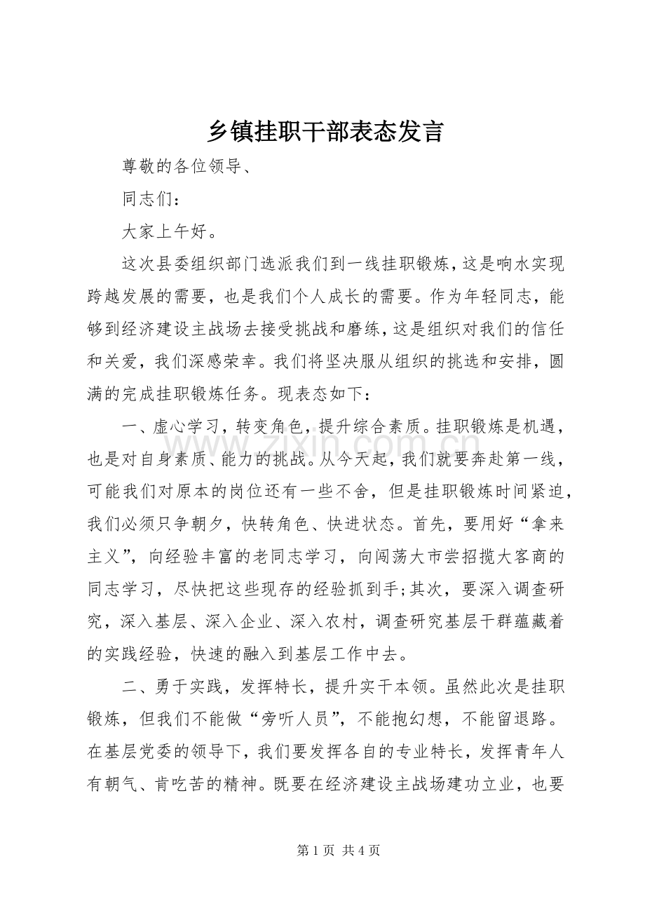 乡镇挂职干部表态发言稿.docx_第1页