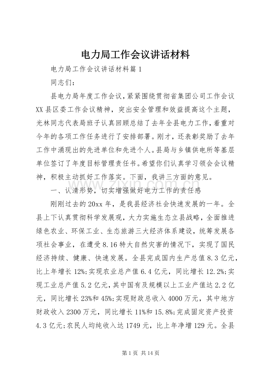 电力局工作会议讲话材料.docx_第1页