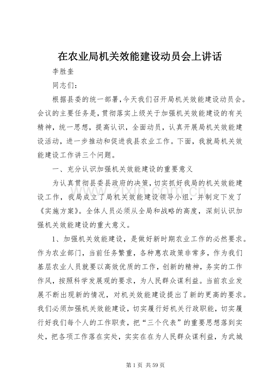 在农业局机关效能建设动员会上讲话.docx_第1页