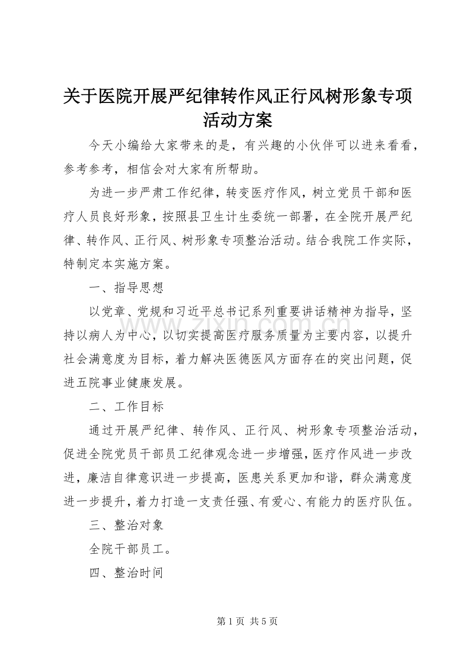 关于医院开展严纪律转作风正行风树形象专项活动实施方案.docx_第1页