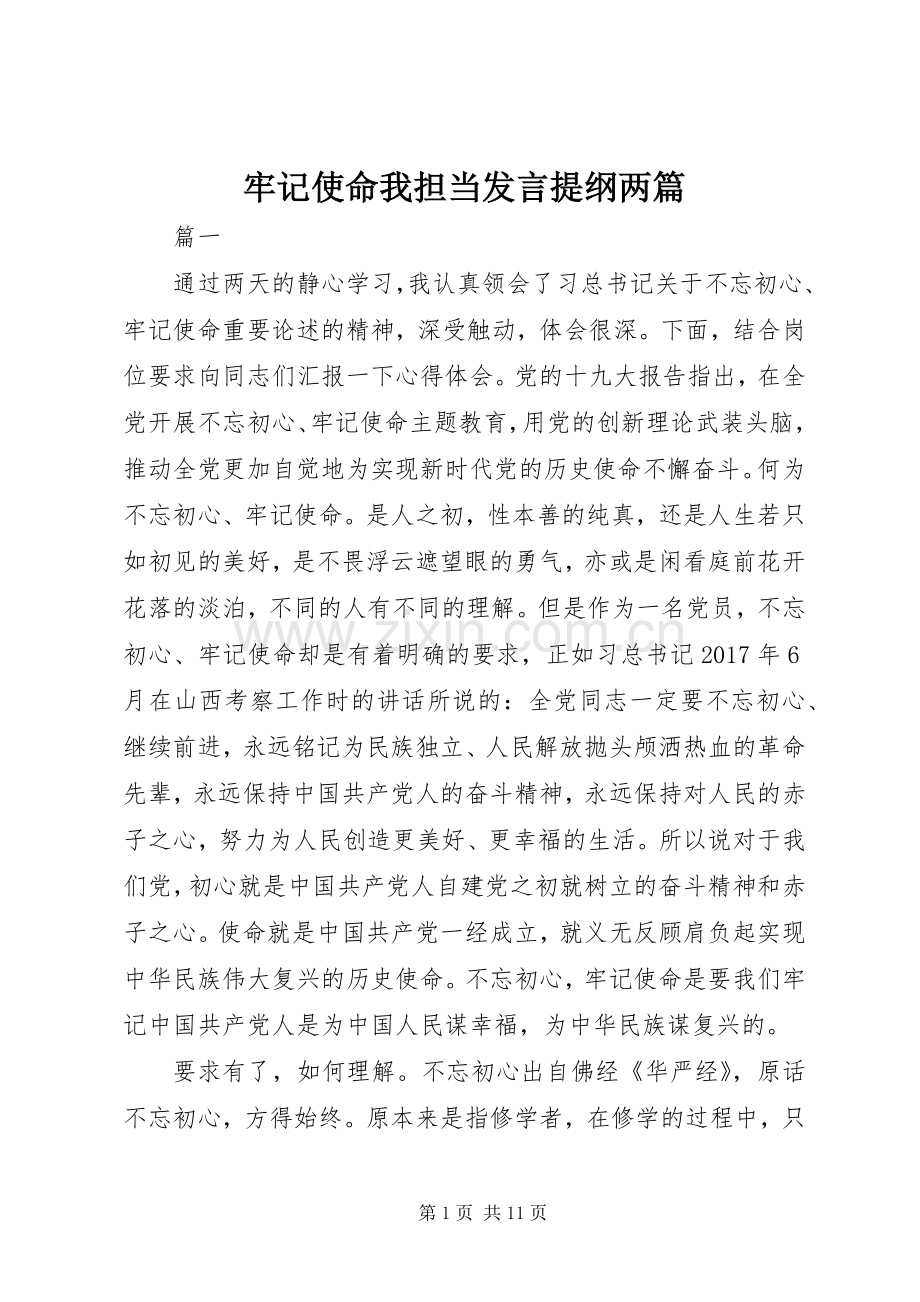 牢记使命我担当发言提纲两篇.docx_第1页