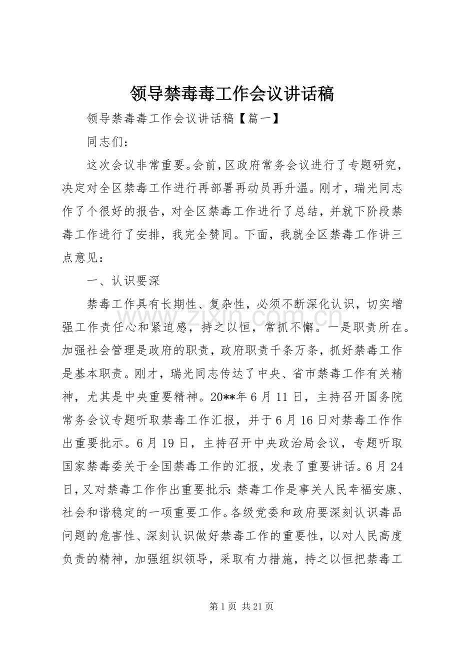 领导禁毒毒工作会议讲话稿.docx_第1页