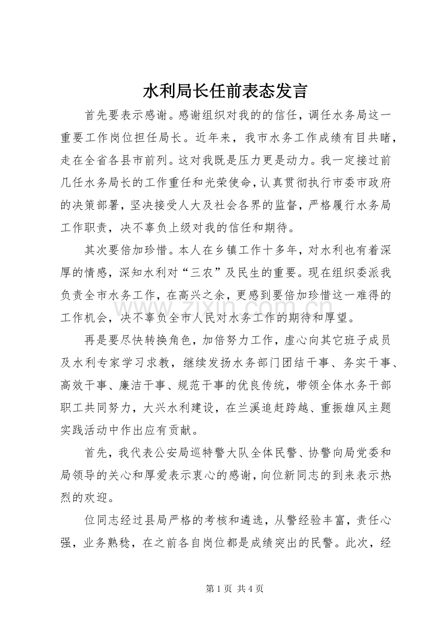 水利局长任前表态发言稿.docx_第1页