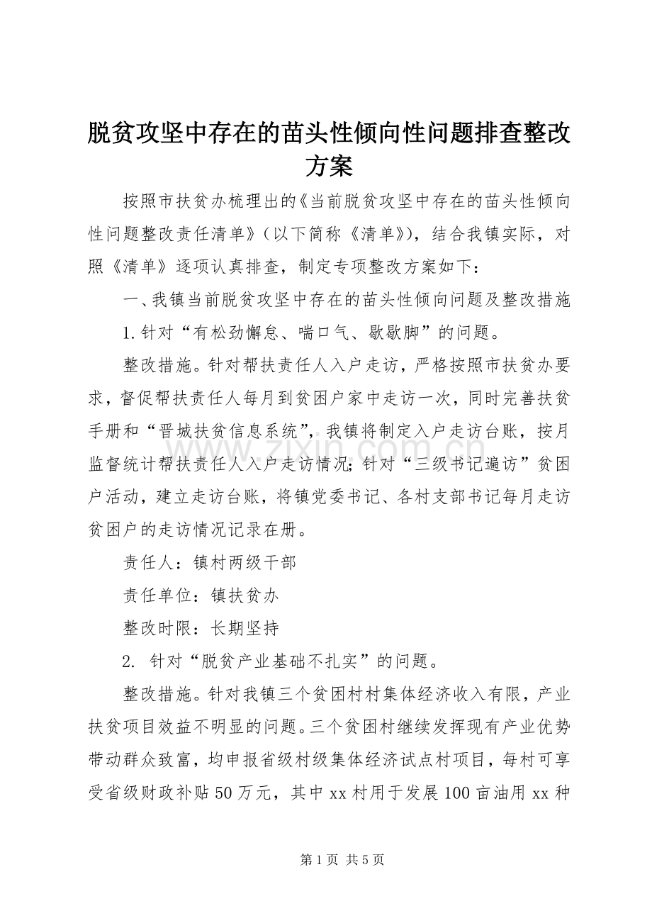 脱贫攻坚中存在的苗头性倾向性问题排查整改实施方案.docx_第1页