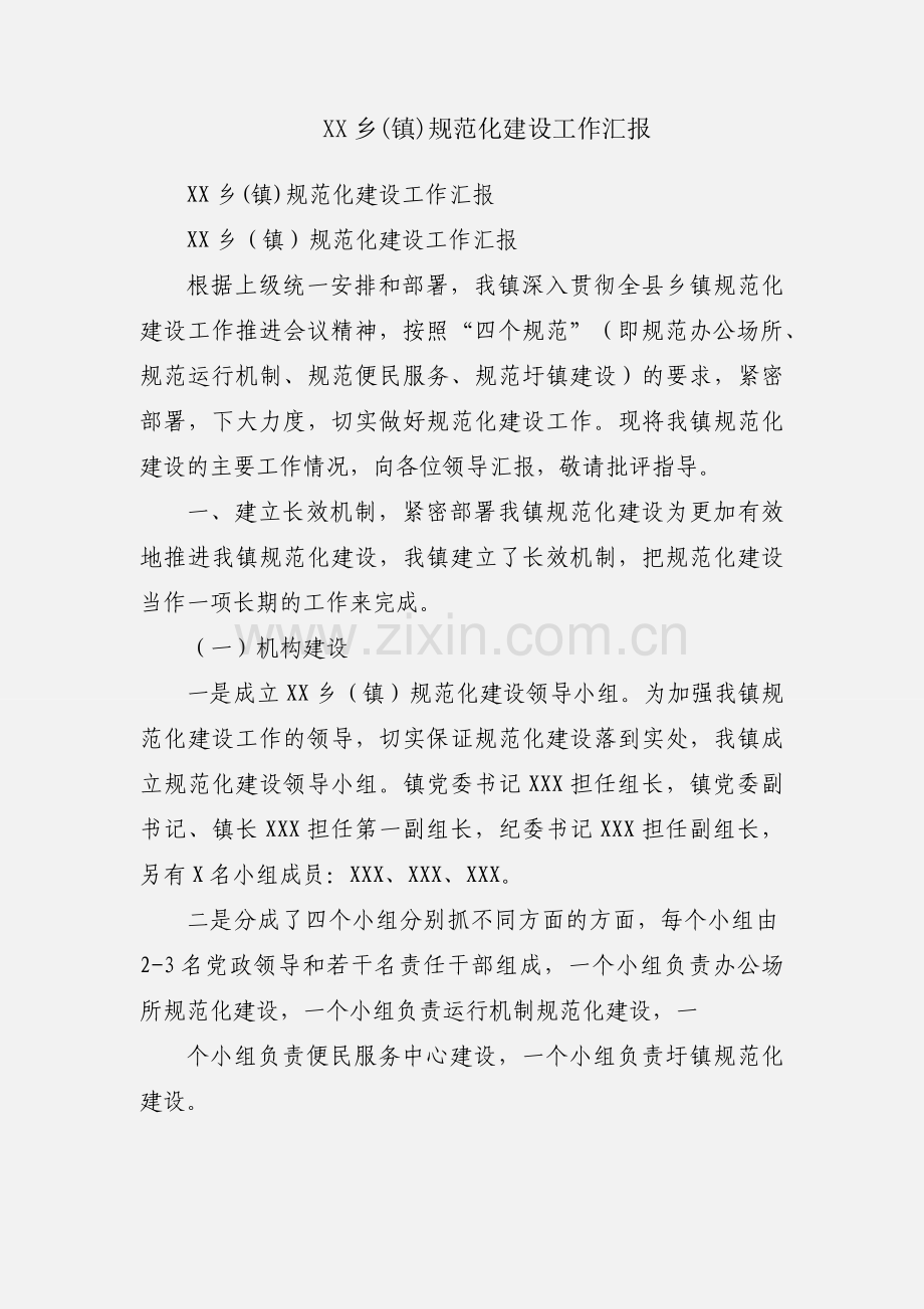 XX乡(镇)规范化建设工作汇报.docx_第1页