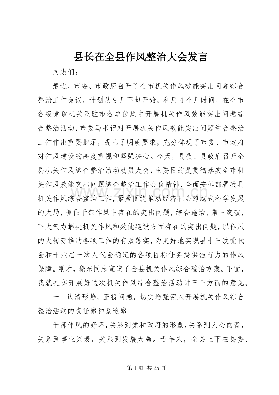 县长在全县作风整治大会发言.docx_第1页