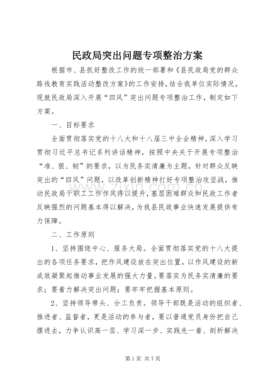 民政局突出问题专项整治实施方案.docx_第1页