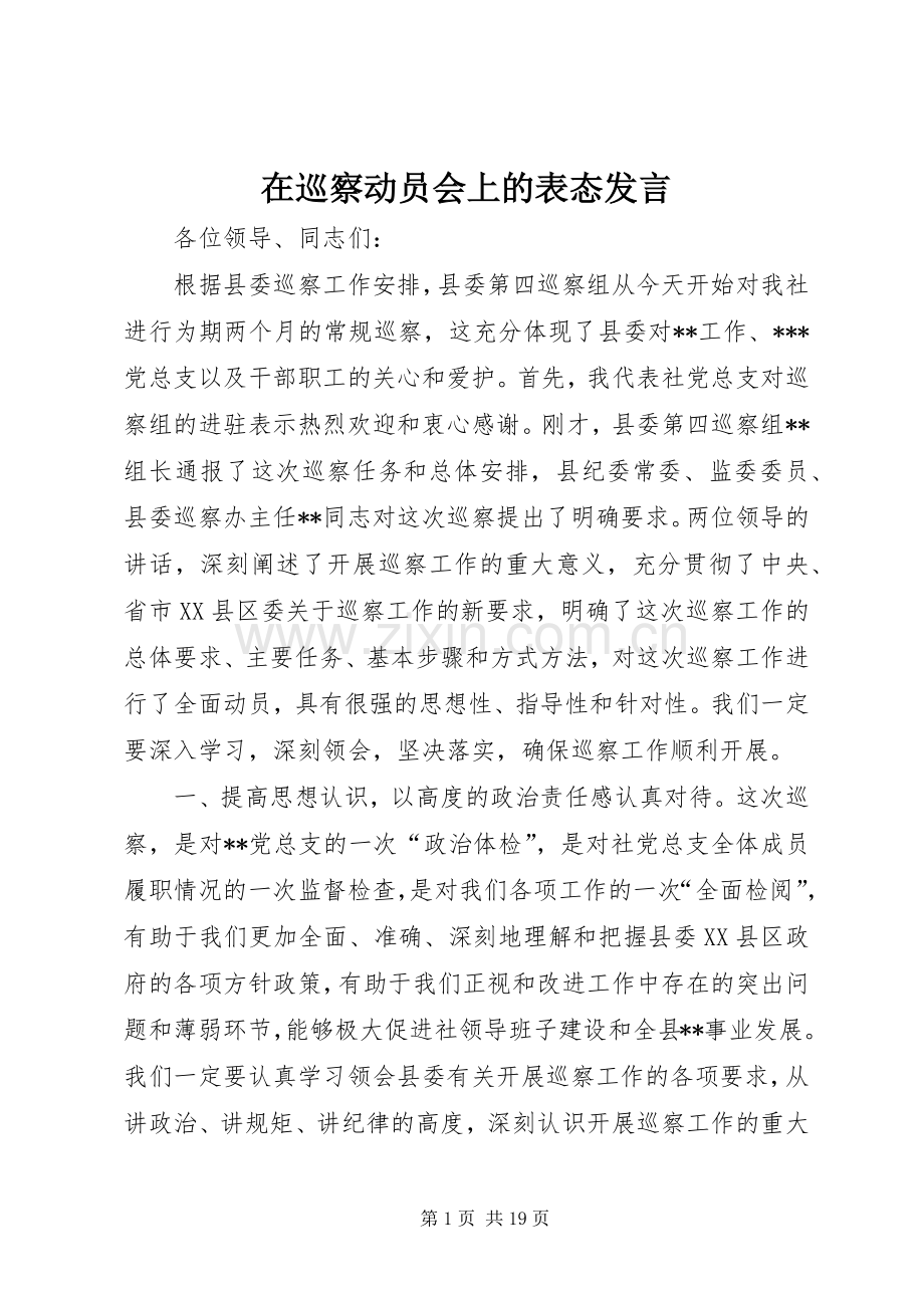 在巡察动员会上的表态发言稿.docx_第1页