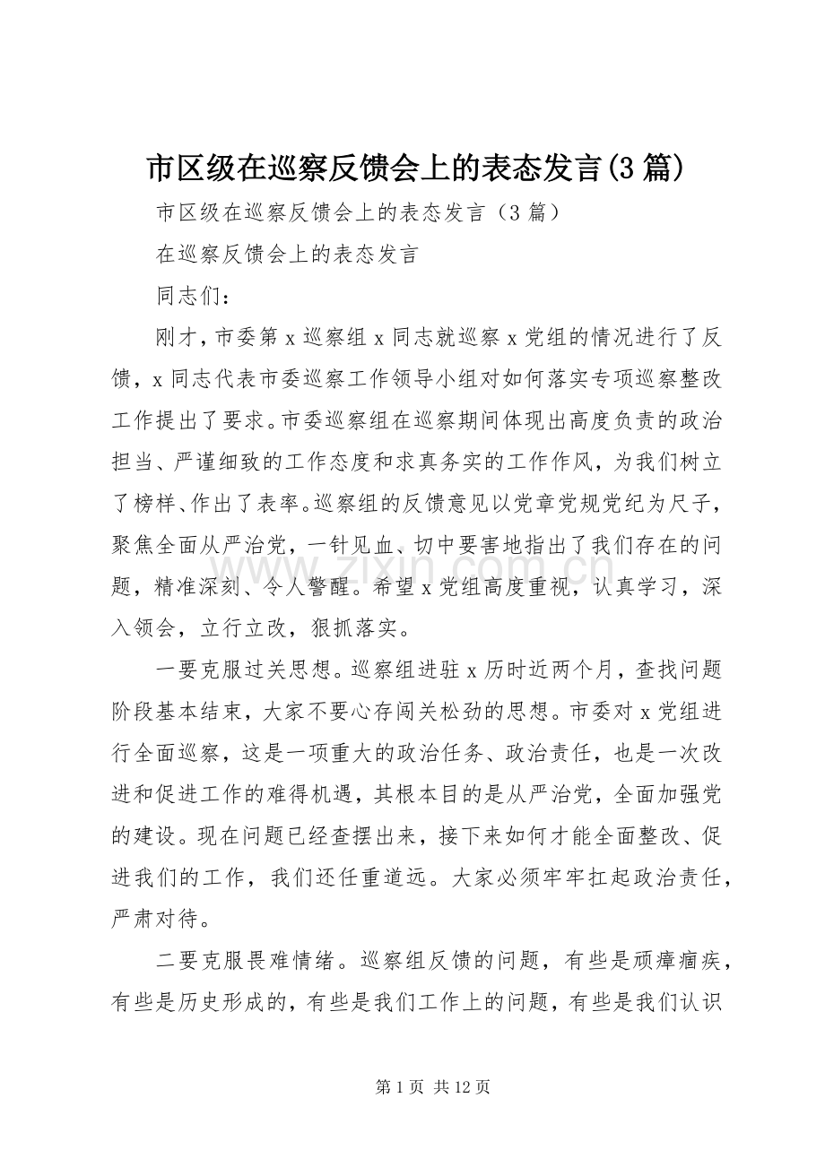 市区级在巡察反馈会上的表态发言稿(3篇).docx_第1页