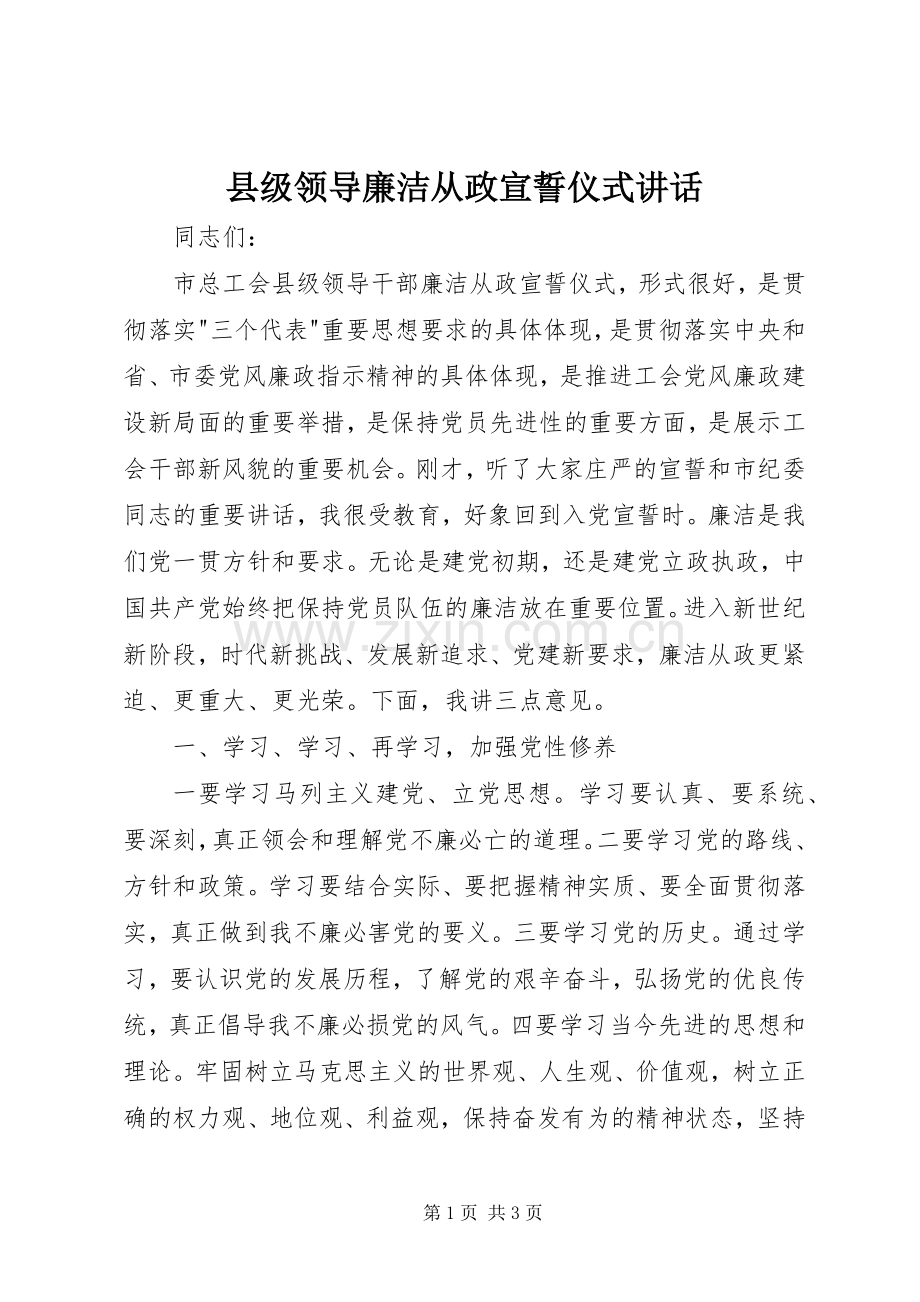 县级领导廉洁从政宣誓仪式讲话.docx_第1页