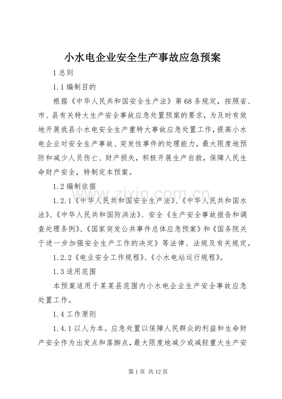 小水电企业安全生产事故应急处置预案.docx_第1页