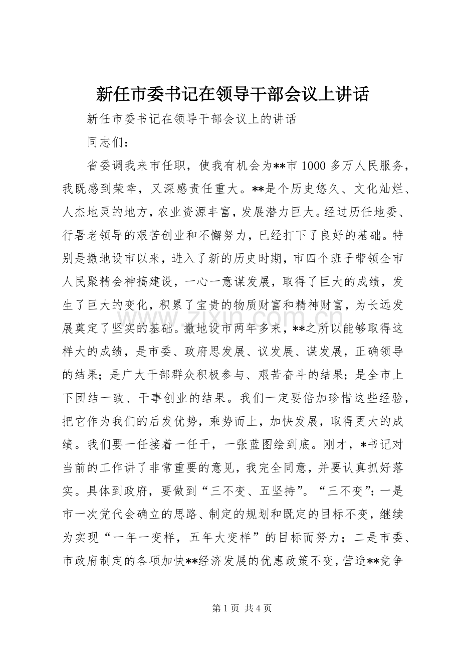 新任市委书记在领导干部会议上讲话.docx_第1页