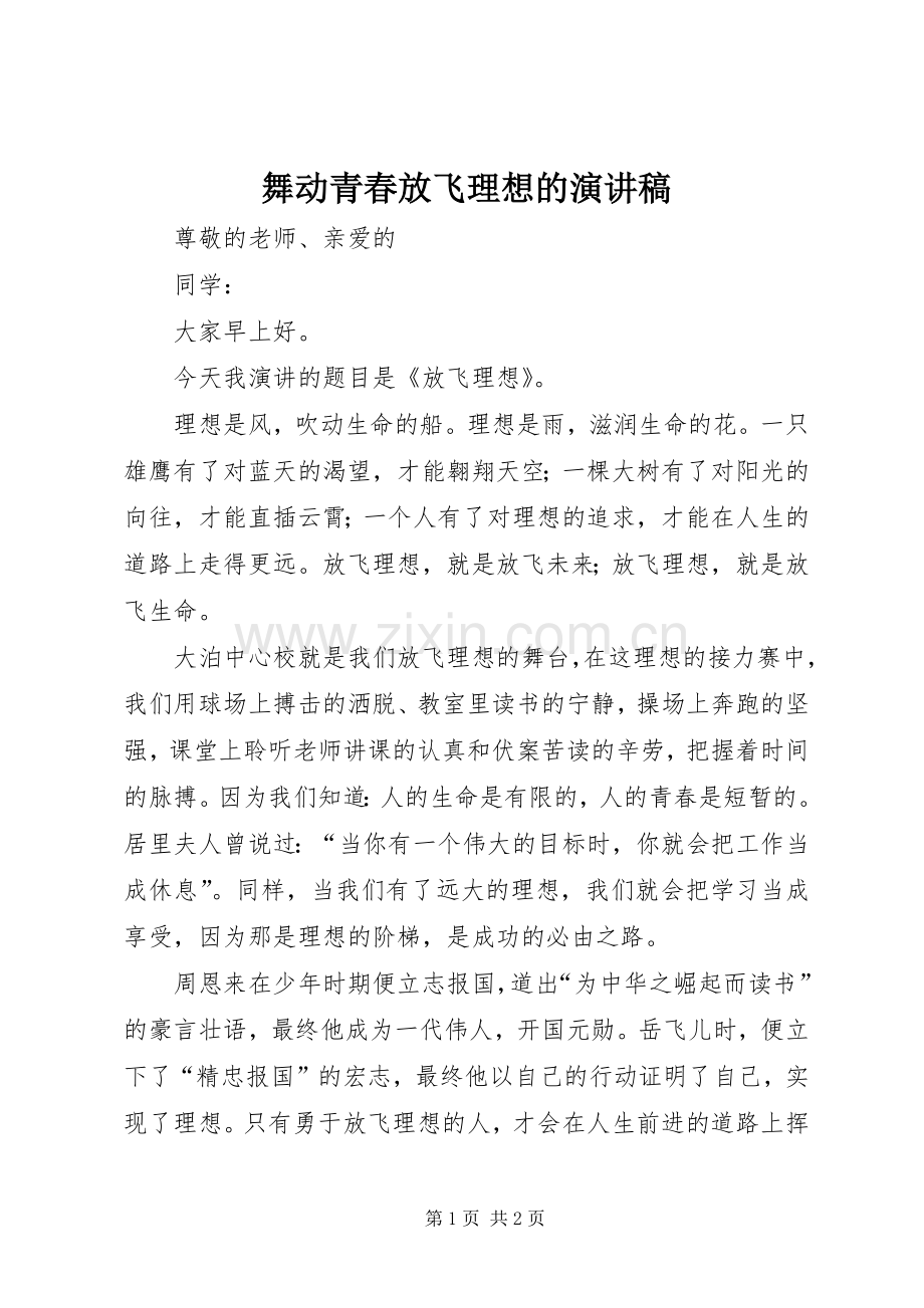 舞动青春放飞理想的演讲稿.docx_第1页