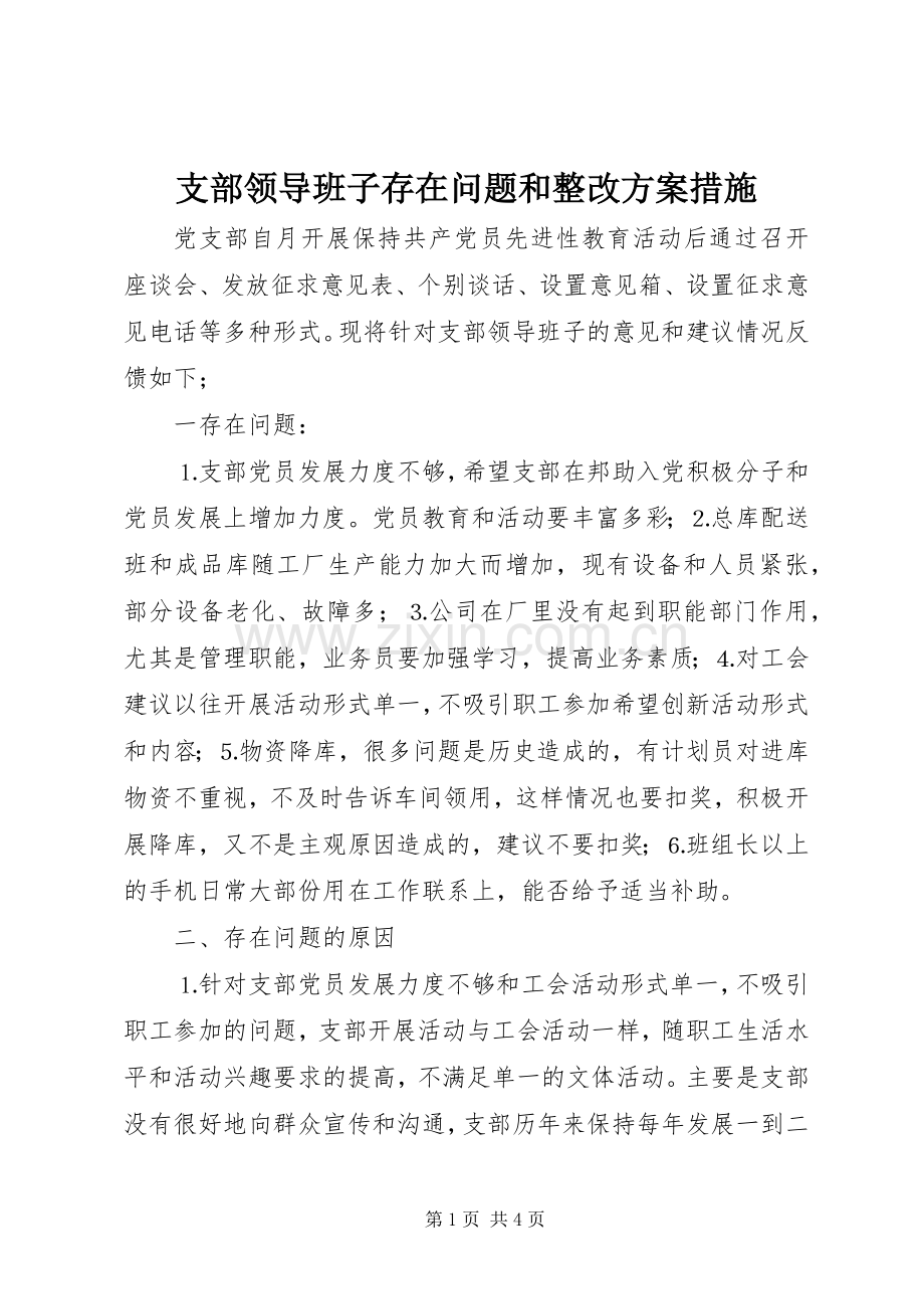 支部领导班子存在问题和整改实施方案措施.docx_第1页