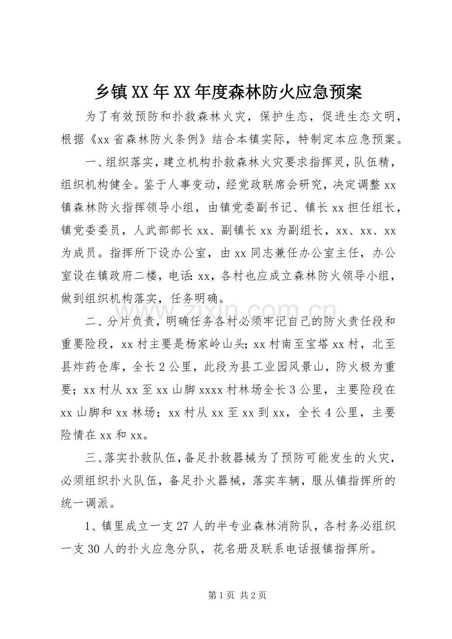 乡镇XX年XX年度森林防火应急处置预案.docx_第1页