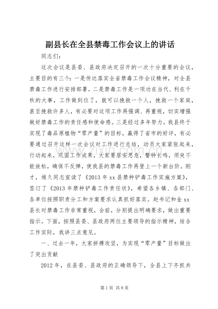 副县长在全县禁毒工作会议上的讲话.docx_第1页