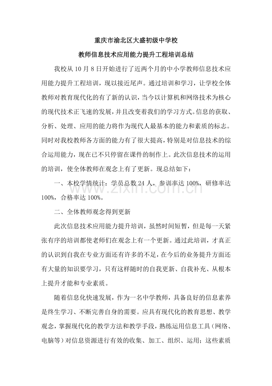 大盛中学教师信息技术应用能力提升工程培训总结.doc_第1页