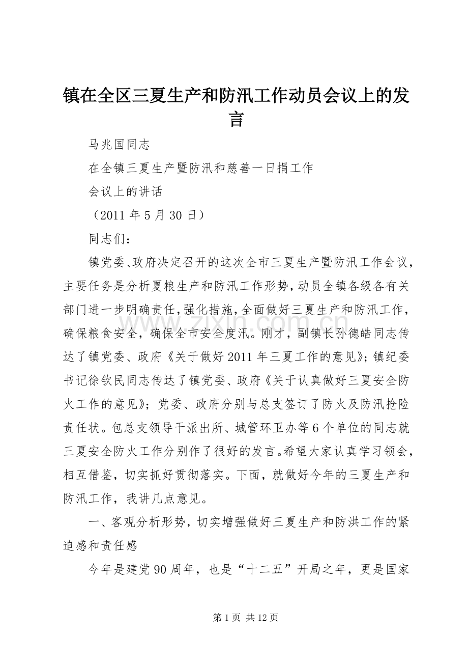 镇在全区三夏生产和防汛工作动员会议上的发言.docx_第1页