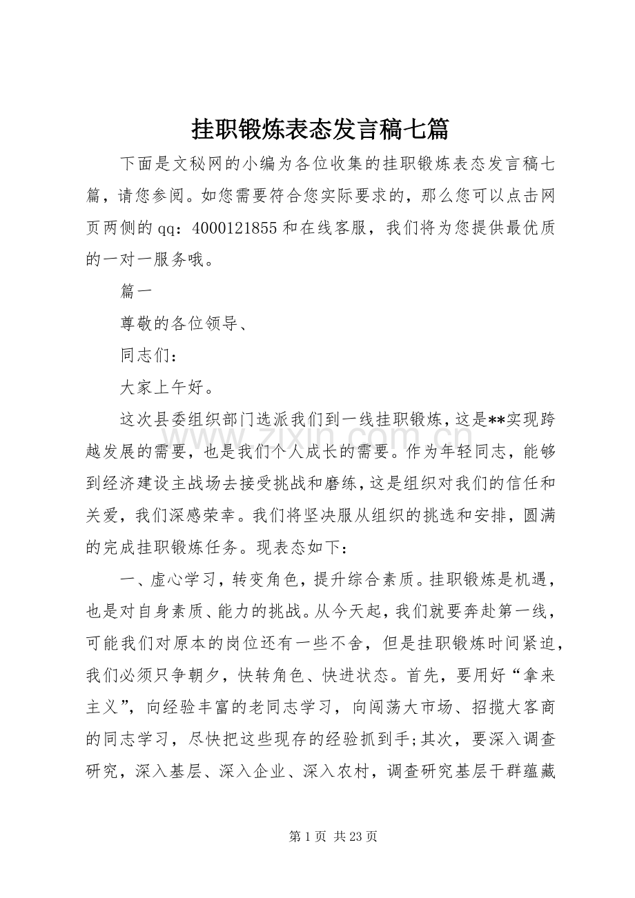 挂职锻炼表态发言七篇.docx_第1页