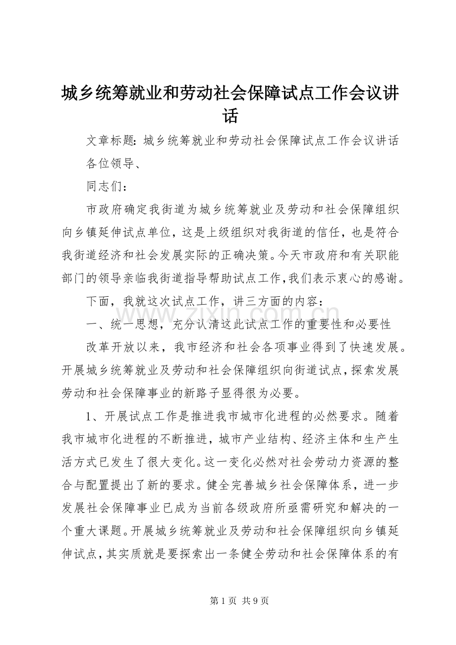 城乡统筹就业和劳动社会保障试点工作会议讲话.docx_第1页