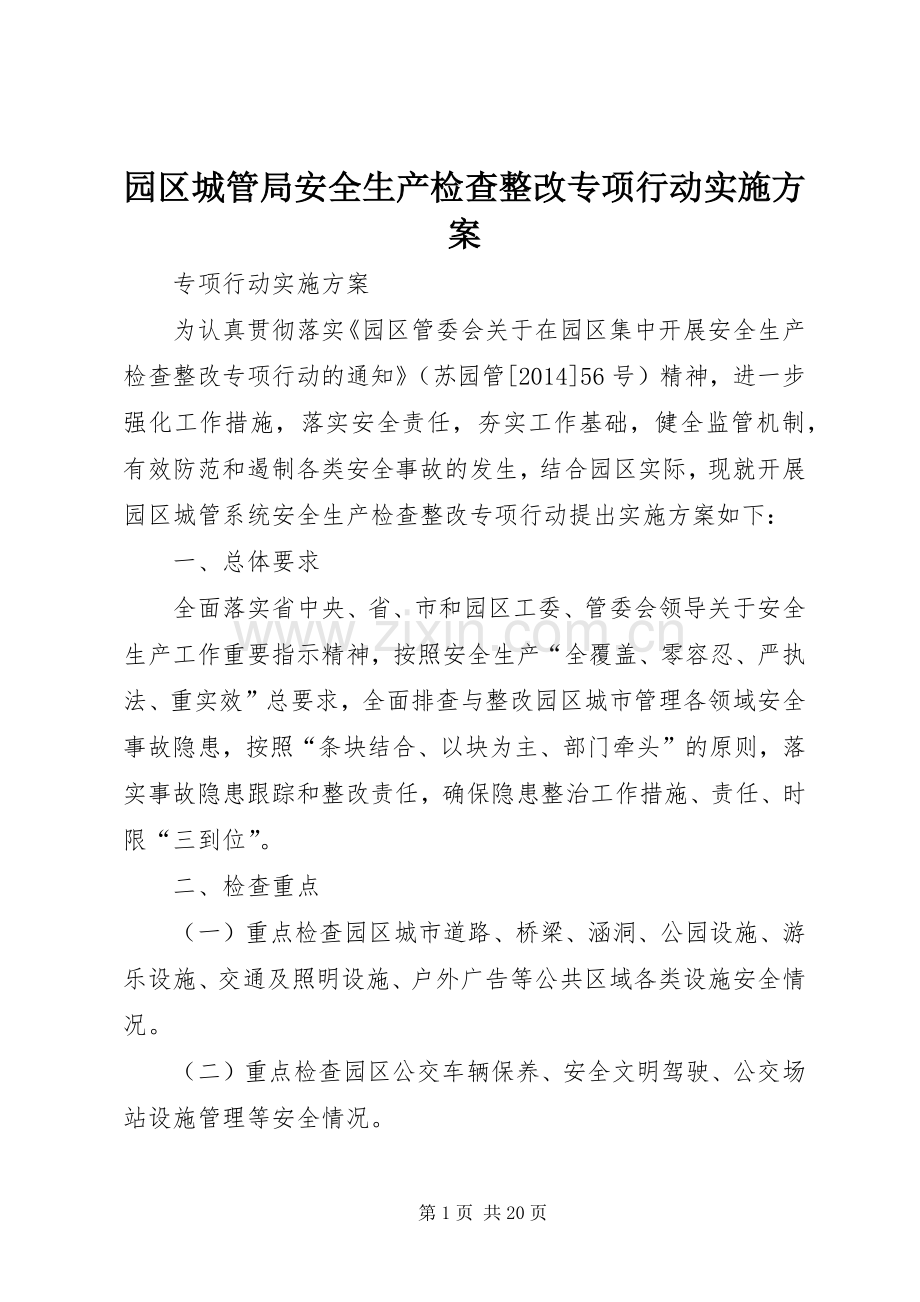 园区城管局安全生产检查整改专项行动方案.docx_第1页