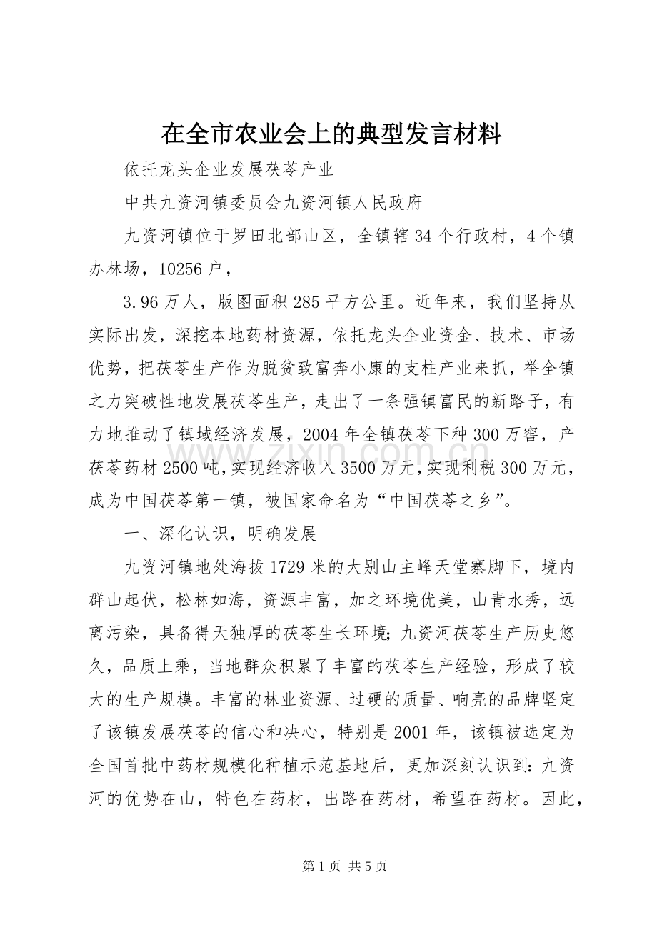 在全市农业会上的典型发言材料致辞.docx_第1页