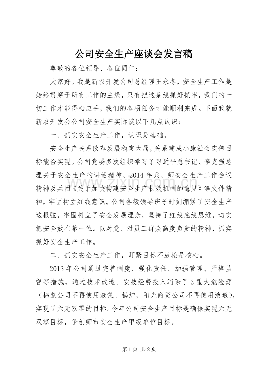 公司安全生产座谈会发言稿.docx_第1页