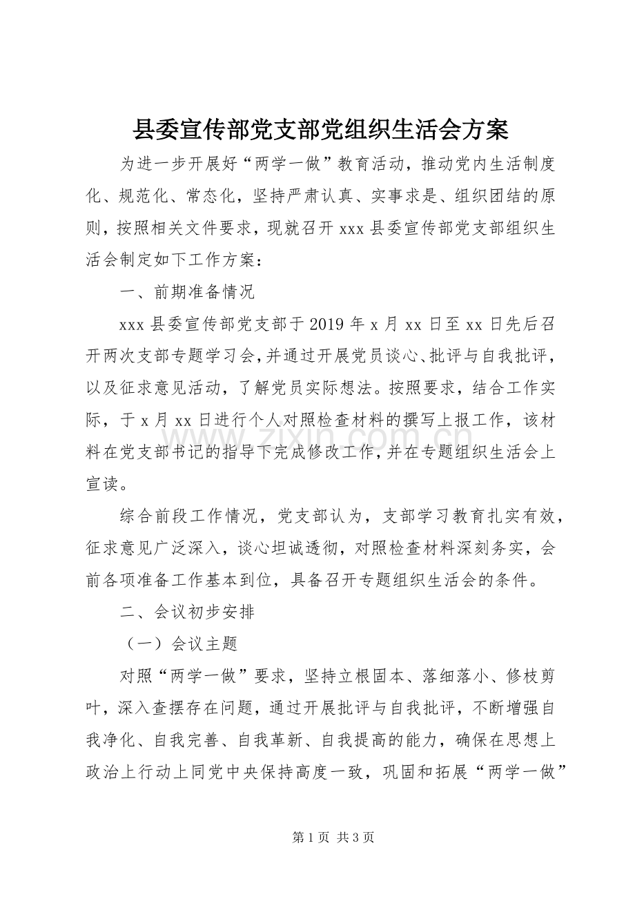 县委宣传部党支部党组织生活会实施方案.docx_第1页