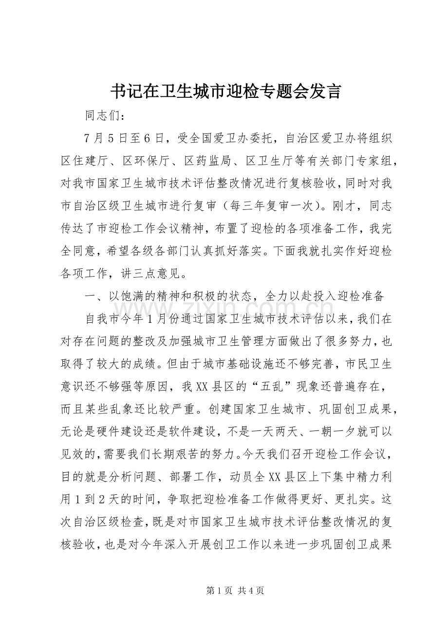 书记在卫生城市迎检专题会发言稿.docx_第1页