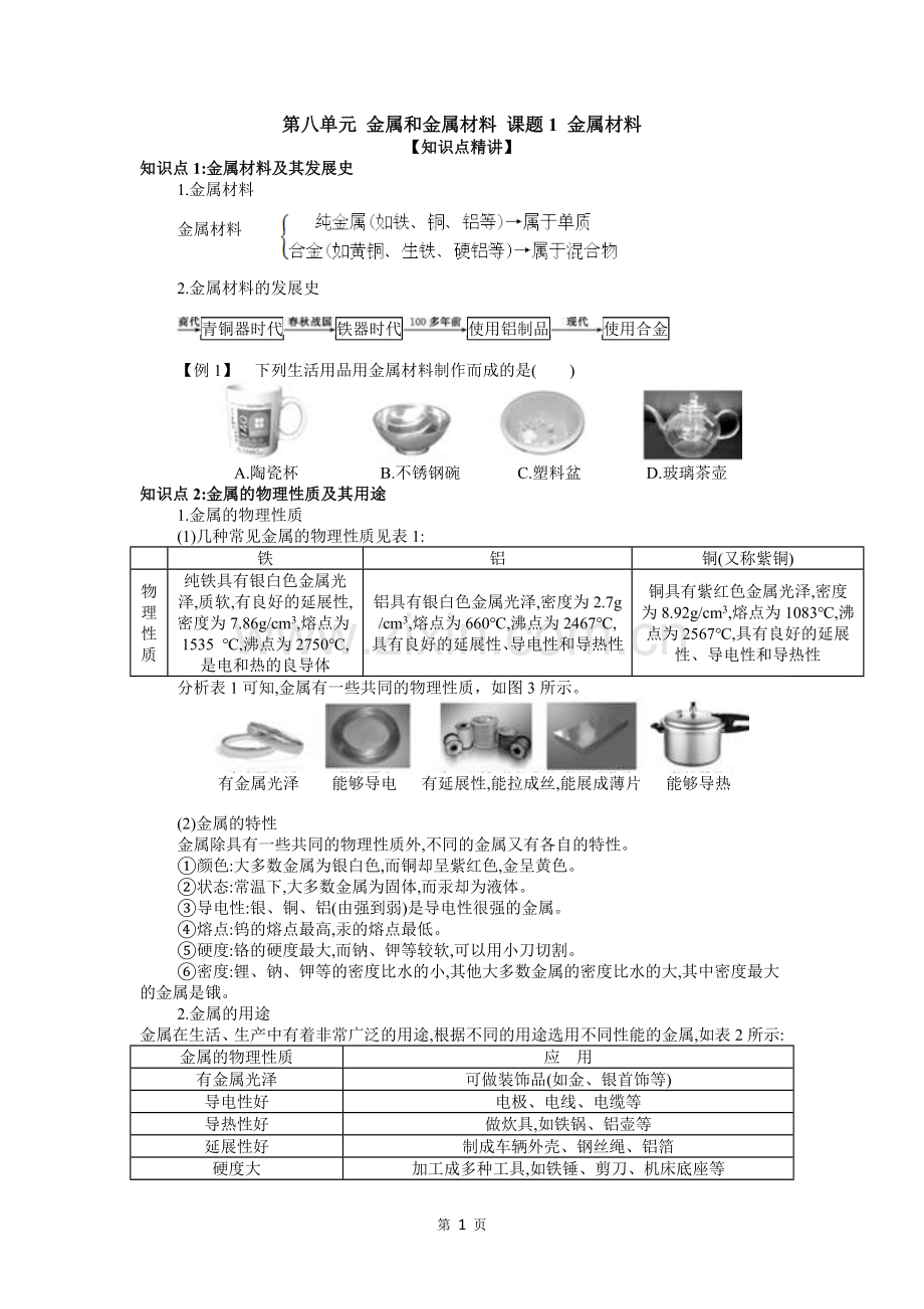 人教版九年级化学下册第八单元金属和金属材料知识点讲解资料.doc_第1页