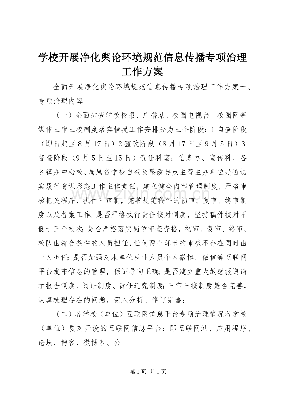 学校开展净化舆论环境规范信息传播专项治理工作实施方案.docx_第1页