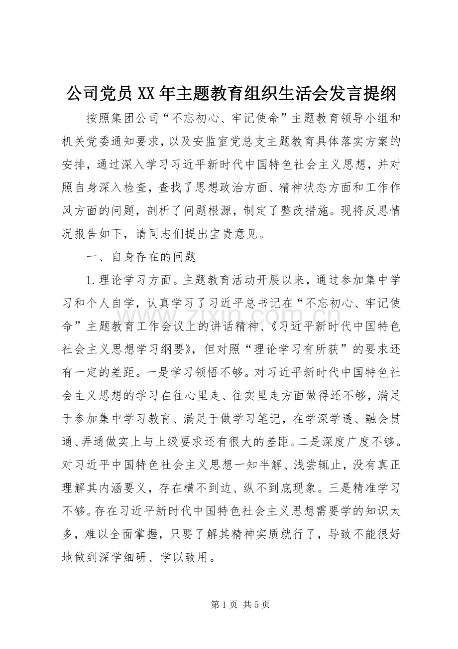 公司党员XX年主题教育组织生活会发言提纲.docx_第1页