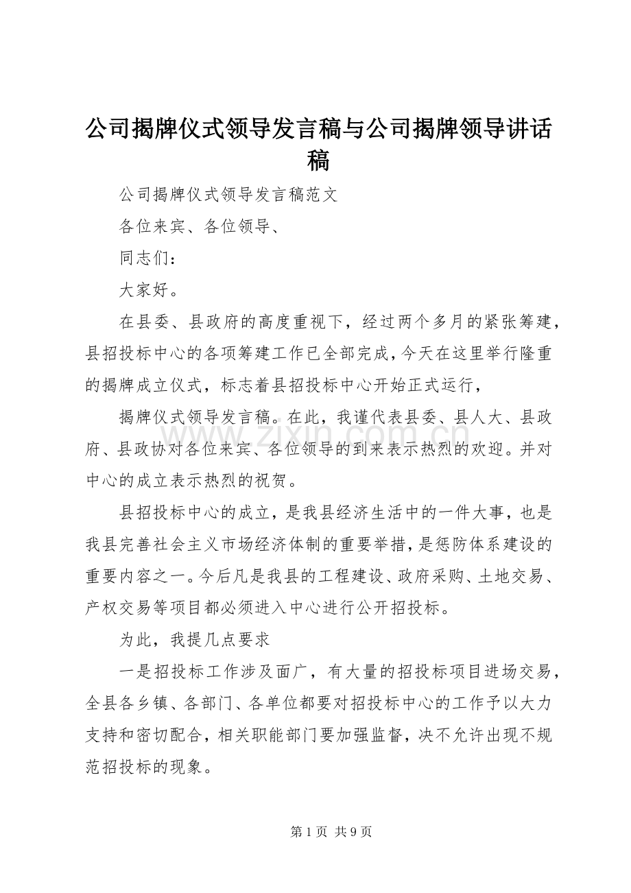 公司揭牌仪式领导发言稿与公司揭牌领导讲话稿.docx_第1页