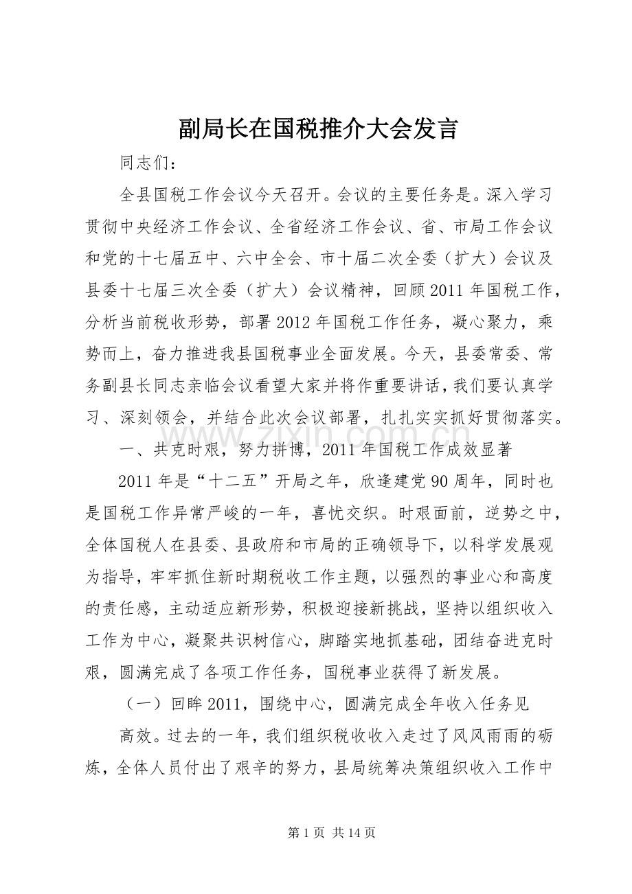 副局长在国税推介大会发言稿.docx_第1页